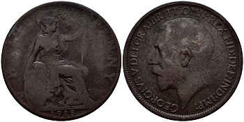 Великобритания 1/2 пенни 1918 Георг V (1910-1936) KM 809, Spink 4056 бронза 51-812