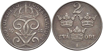 Швеция 2 эре 1942 Густав V (1907-1950), военный выпуск KM 811 железо 119-1021