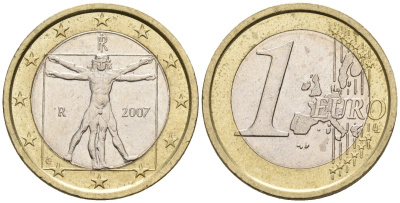 Италия 1 евро 2007 Витрувианский человек KM 216 биметалл 4148-646