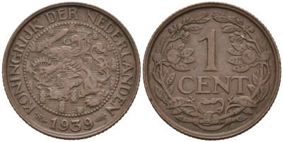 Нидерланды 1 цент 1939 Вильгельмина (1890-1948) KM 152 бронза 4576-743