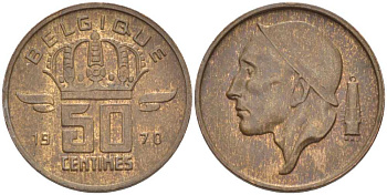 БЕЛЬГИЯ 50 САНТИМОВ 1970 BELGIQUE KM 148.1 бронза 96-1125