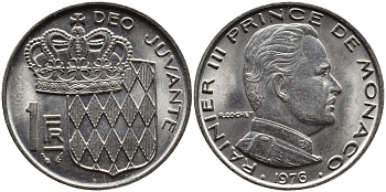Монако 1 франк 1976 Ренье III (1949-2005) KM 140 никель 4364-233