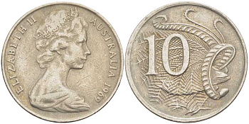 Австралия 10 центов 1969 Елизавета II (1952-), птица лирахвост KM 65 медно-никель 4382-925