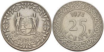 Суринам 25 центов 1972 KM 14 медно-никель 66-341