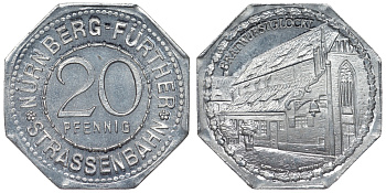 Германия, Нюрнберг - Фюрт 20 пфеннигов ND трамвайный жетон, Bratwurstgl?ckl алюминий UNC 4119-736