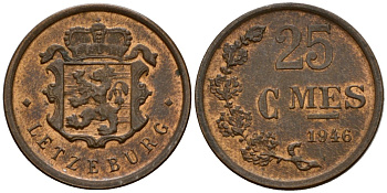 Люксембург 25 сантимов 1946 Шарлотта (1918-1964) KM 45 бронза 4115-356