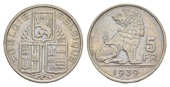 Бельгия 5 франков 1939 Belgie - Belgique, Леопольд III (1934-1951) KM 117 никель 4538-1221