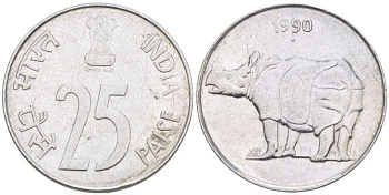 Индия 25 пайсов 1990 точка, носорог KM 54 нержавеющая сталь 100-814