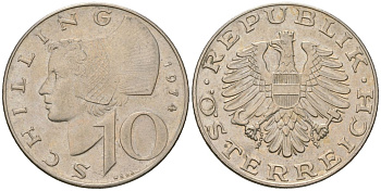 Австрия 10 шиллингов 1974 KM 2918 медно-никель 4589-454