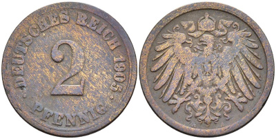 ГЕРМАНИЯ 2 ПФЕННИГА 1905 A KM 16, Jager 11, Weege 4 медь 4546-624