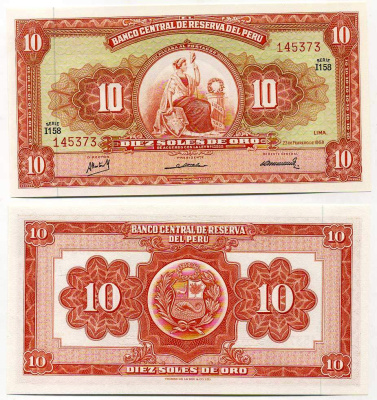 Перу 10 солей 1968 сидящая свобода, Thomas de la Rue Pick 84a бумага UNC (пресс) 445-77-3