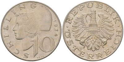 Австрия 10 шиллингов 1974 KM 2918 медно-никель 4589-454