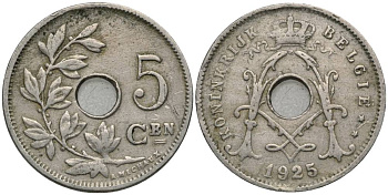 Бельгия 5 сантимов 1925 Belgie KM 67 медно-никель 27-112
