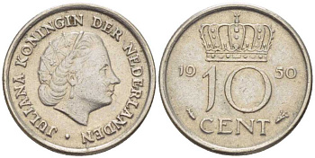 НИДЕРЛАНДЫ 10 ЦЕНТОВ 1950 ЮЛИАНА (1948-1980) KM 182 никель 214-1137