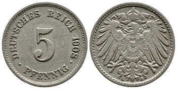 Германия 5 пфеннигов 1908 G KM 11, Jager 12, Weege 6 медно-никель 4364-133