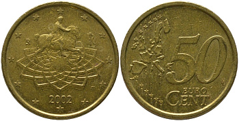 Италия 50 евроцентов 2002 R, Конная статуя Марка Аврелия KM 215 нордик 4573-856