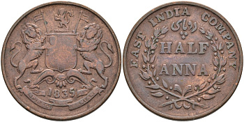 Британская Индия 1/2 анна 1835 M, Британская Ост-Индская компания, Мадрас, диаметр 30,8 мм. KM 447.1 медь 88-934
