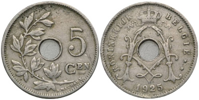 Бельгия 5 сантимов 1925 Belgie KM 67 медно-никель 27-112