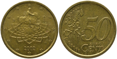 Италия 50 евроцентов 2002 R, Конная статуя Марка Аврелия KM 215 нордик 4573-856