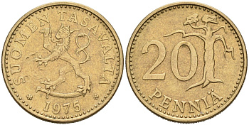 ФИНЛЯНДИЯ 20 ПЕННИ 1975 S KM 47 алюминиевая бронза 4563-322