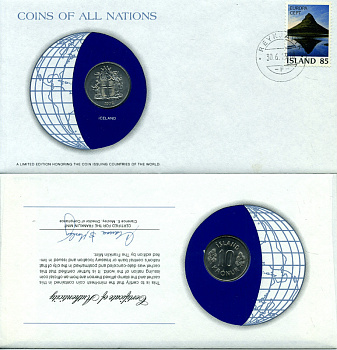 Исландия 10 крон 1978 конверт с маркой первого дня гашения, Coins of Nations KM 15 медно-никель UNC 4294-50-3