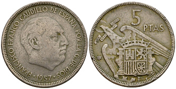 Испания 5 песет 1957 (74) Франсиско Франко (1939-1975) KM 786 медно-никель 186-734