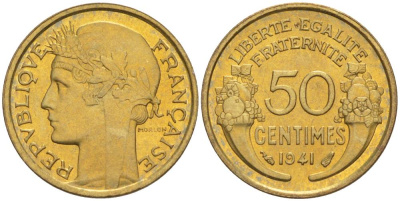 Франция 50 сантимов 1941 тип Морлон KM 894.1, Le Franc 192.18 алюминиевая бронза 44-413