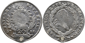 Бавария 20 крейцеров 1785 Карл Теодор (1777-1799) с отверстием KM 256 серебро 00-00