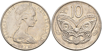 Новая Зеландия 10 центов 1979 Елизавета II (1952-2022), маска маори KM 41.1 медно-никель 4126-1226