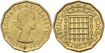 Великобритания 3 пенса 1967 Елизавета II (1952-2022) KM 900, Spink 4153 никель латунь 4126-725