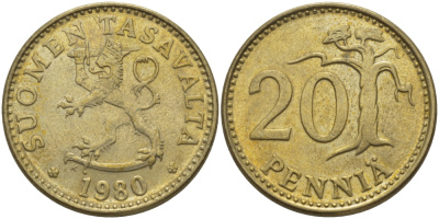 ФИНЛЯНДИЯ 20 ПЕННИ 1980 К KM 47 алюминиевая бронза 28-135