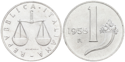 Италия 1 лира 1955 R, весы KM 91 алюминий  UNC  4594-655