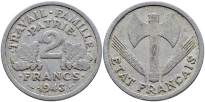 Франция 2 франка 1943 правительство Виши KM 904.1 алюминий 4397-732