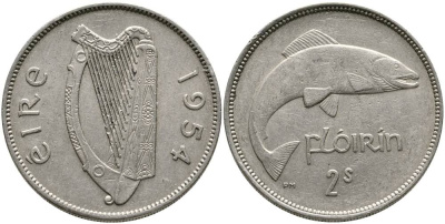 ИРЛАНДИЯ 1 ФЛОРИН = 2 ШИЛЛИНГА 1954 ЛОСОСЬ KM 15а медно-никель 4531-814