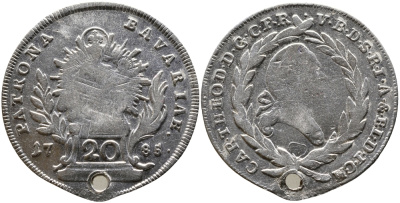 Бавария 20 крейцеров 1785 Карл Теодор (1777-1799) с отверстием KM 256 серебро 00-00