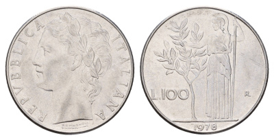 Италия 100 лир 1978 R, Афина у оливкового дерева KM 96.1 нержавеющая сталь 186-1111
