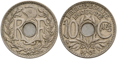 Франция 10 сантимов 1932 KM 866a медно-никель 4187-951