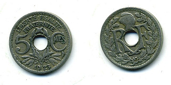 ФРАНЦИЯ 5 САНТИМОВ 1923 tb, ТИП ЛИНДАЙЁ, МОНЕТНЫЙ ДВОР ПУАССИ, МОЛНИЯ KM 875, LE FRANC 122.7 медно-никель 84-323