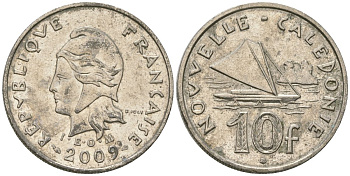 Французская Новая Каледония 10 франков 2009 рыбачья парусная лодка, (IEOM) KM 11a, Schoen 13a, Lec 99k медно-никель 60-1321