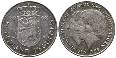 Нидерланды 2 1/2 гульдена 1980 коронация Беатрикс, 30 апреля 1980 KM 201 никель 177-256