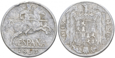 ИСПАНИЯ 10 СЕНТИМО 1953 РЫЦАРЬ НА КОНЕ KM 766 алюминий 68-142