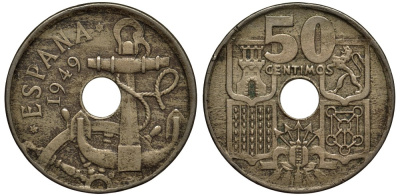 Испания 50 сентимо 1949 (56) Франко (1939-1975), морская атрибутика KM 777 медно-никель 186-914