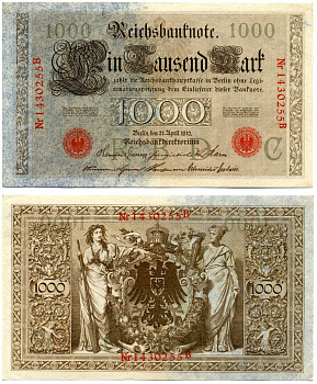 Германия 1000 марок 1910 21 апреля 1910, красная печать, номер семизначный, серия В, буква С, выпуск АПРЕЛЬ - АВГУСТ 1919 Pick 44, Роземберг 45b бумага VF 2194-21-2-2