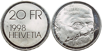 Швейцария 20 франков 1998 В, 100 лет со дня смерти Меера KM 84 серебро PROOF 1524-731