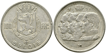 Бельгия 100 франков 1951 Belgie, королевская династия KM 139.1 серебро 1526-1314