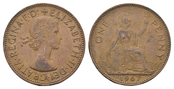 Великобритания 1 пенни 1967 Елизавета II (1952-2022) KM 897, Spink 4157 бронза 4661-1033