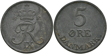 Дания 5 эре 1953 N; S, Фредерик IX KM 843.1 цинк 08-434