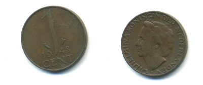 Нидерланды 1 цент 1948 Вильгельмина (1890-1948), год тип KM 175 бронза 80-944
