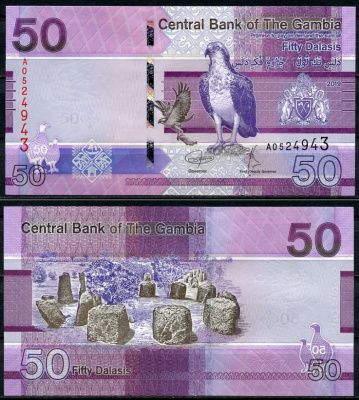 Гамбия 50 даласи 2019 птица, кольца камней-мегалитов в Сенегамбии Pick NEW  бумага  UNC (пресс) 448-73-2