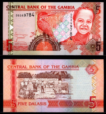 Гамбия 5 даласи 2001 Pick 20 c бумага UNC (пресс) 7214-32-3-2